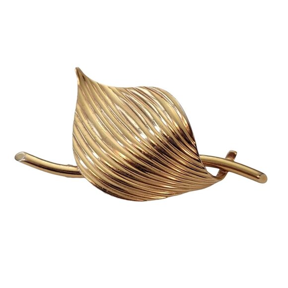 Gold Tone Vintage Ribbed Minimal Leaf Branch Brooch Pin E962 - Picture 3 of 10